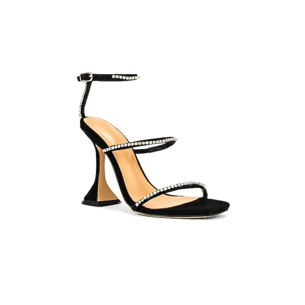 TONY BIANCO Womens Size 9 Shy Sandal Black Suede Rhinestone Heel Square Toe